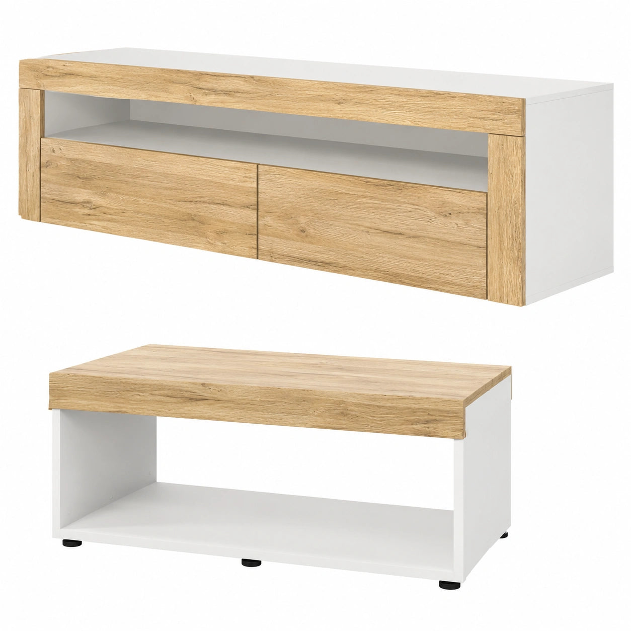 Vladon Wohnwand-Set Berlin, TV-Schrank mit Staufach und Couchtisch, weiß matt/Eiche natur
