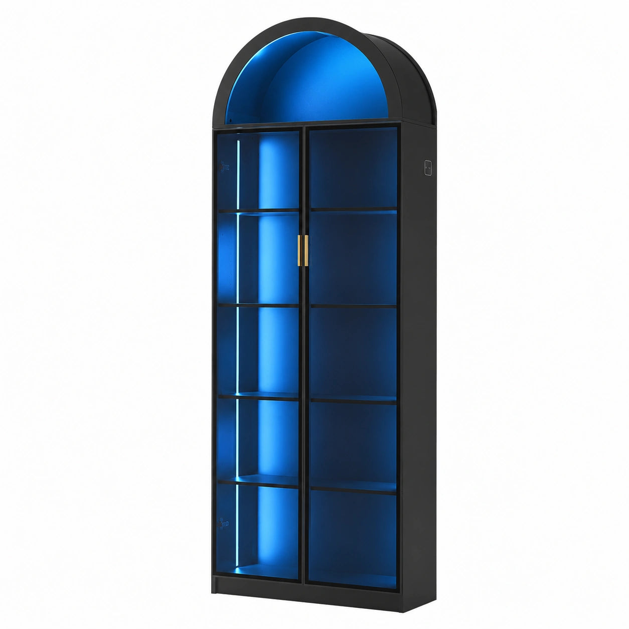 FREDEES Schwarze Vitrine mit Türen, 195 cm hoch, LED-Beleuchtung, einstellbare Einlegeböden, 6 Ebenen für Sammlungen, ideal für Wohnzimmer, Schlafzimmer und Büro