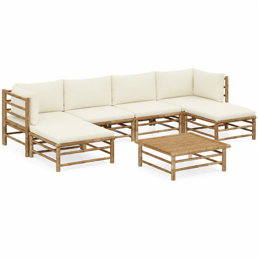 Bambus Gartenlounge Set 7-teilig mit Cremeweißen Kissen