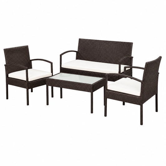 4-tlg. Rattan Gartenmöbel Set mit Kissen, Braunes Lounge Sofa