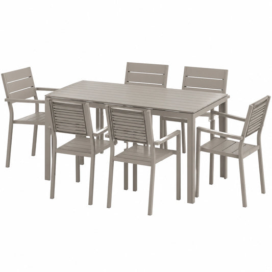 6-Personen Gartenmöbel-Set mit Holzoptik in Champagne, stapelbar, aus Polyethylen und Eisenrahmen