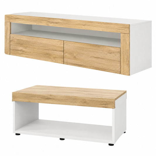 Vladon Wohnwand-Set Berlin, TV-Schrank mit Staufach und Couchtisch, weiß matt/Eiche natur