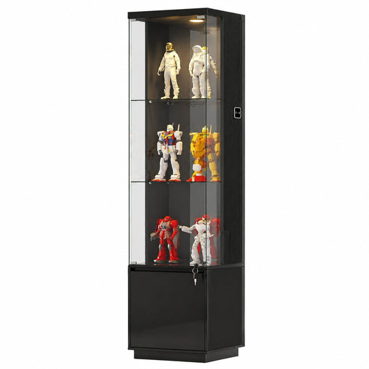 Moderne Eckvitrine mit LED, Sensor und abschließbaren Türen, Hochglanz, Schwarz, 165 cm
