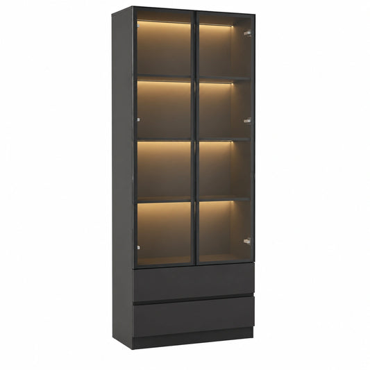 Moderne Schwarze Vitrine mit Glas, 2 Türen und 2 Schubladen, für Wohnzimmer, Esszimmer, Büro und Küche, 80x36x200cm