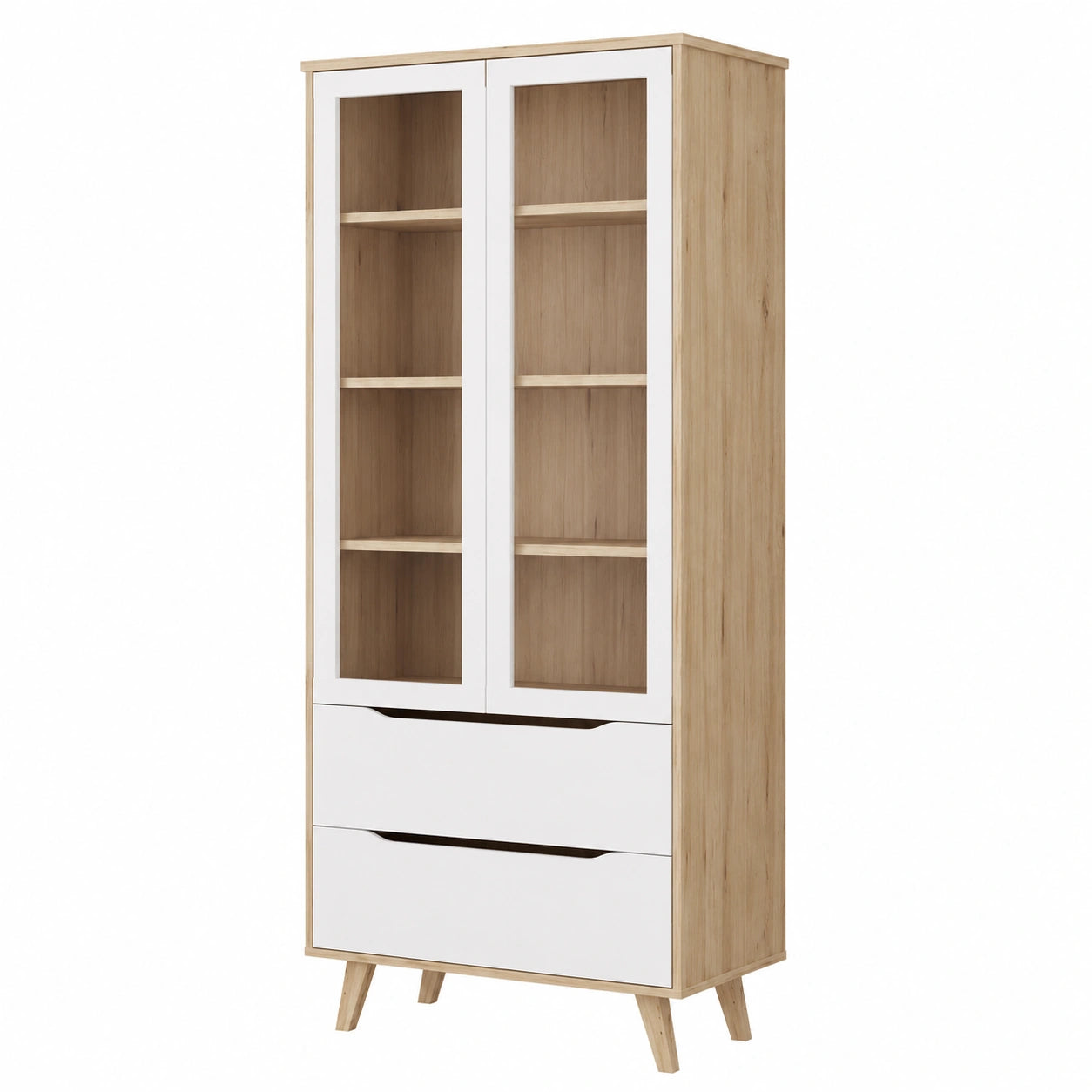 Moderne Vitrine aus Eichenholz mit Glastüren und Schubladen, Weiß