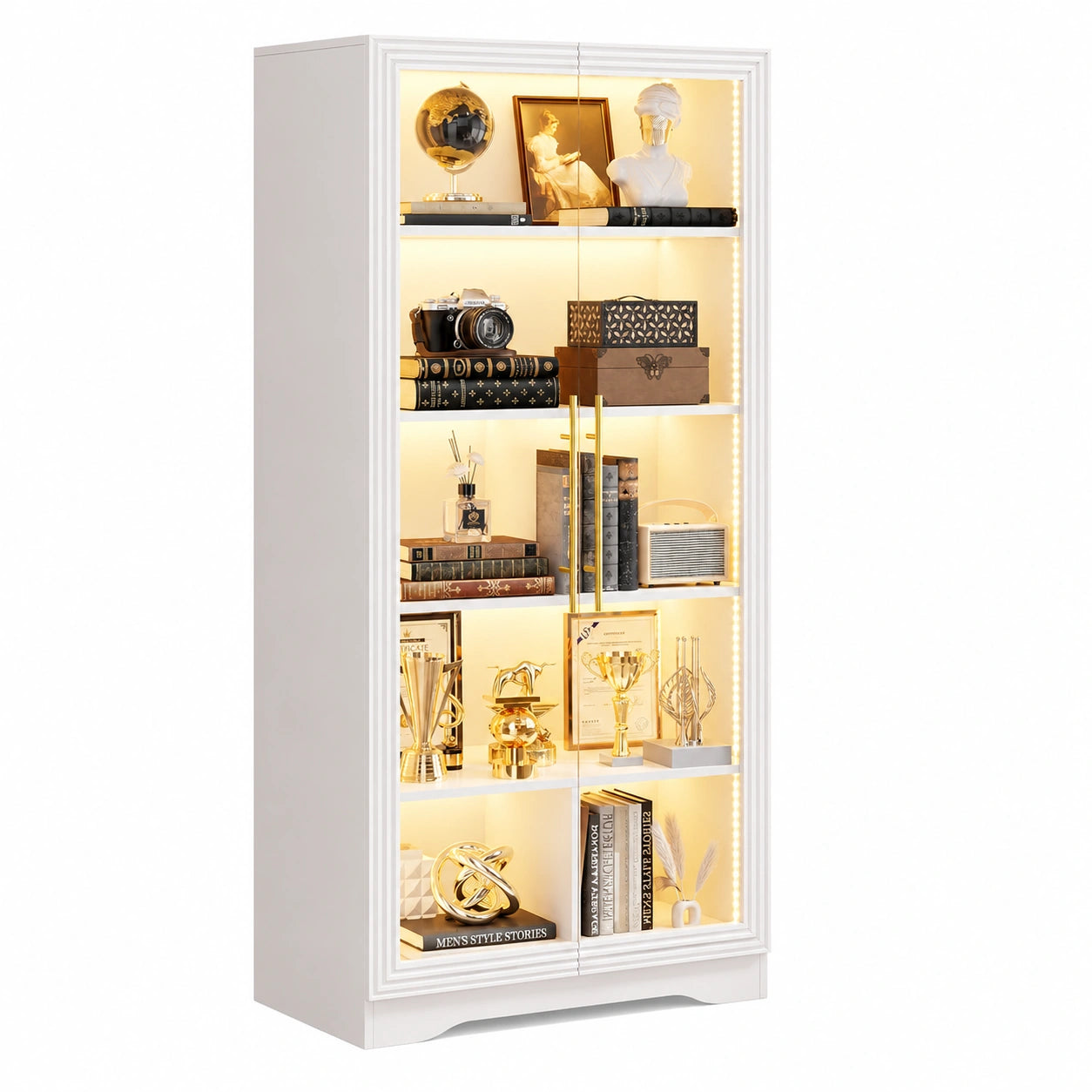 Eleganter Vitrinenschrank mit LED und Sensor, 5 Ebenen, Weißes Holz und Glas für Wohnzimmer und Schlafzimmer