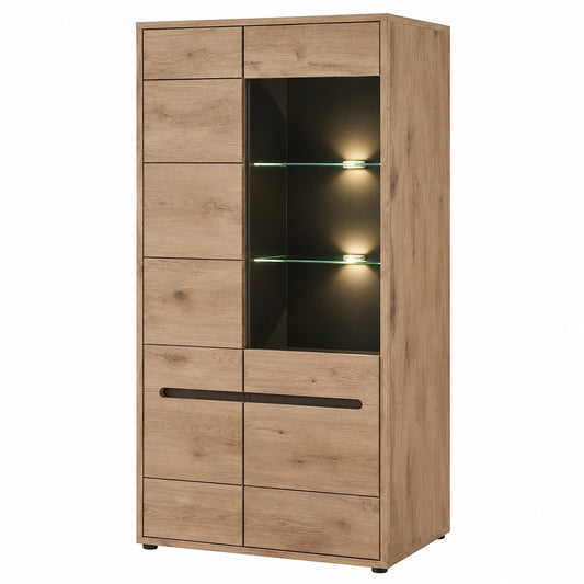 Moderner Vitrinenschrank mit LED-Licht in Eiche-Optik und Graphit