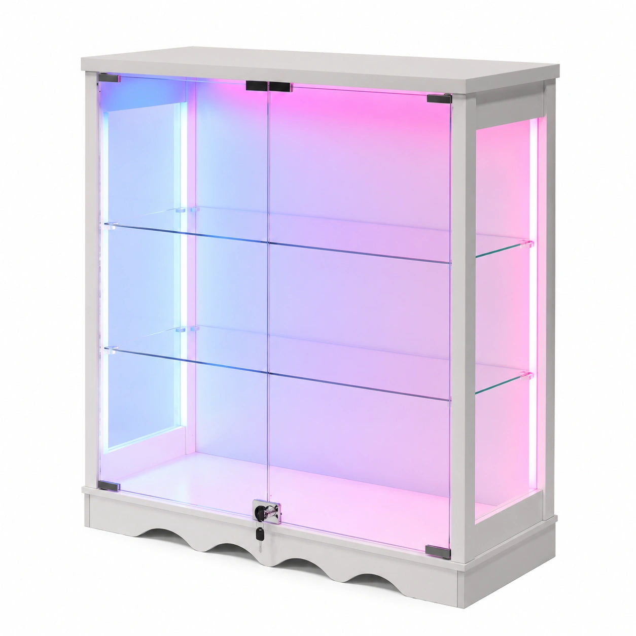 FREDEES Stehende Glasvitrine mit LED – Kleine abschließbare Vitrinenschrank mit verstellbaren Regalböden, 3-stufig Sammlervitrine in Weiß