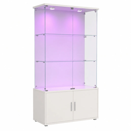 Elegante Glasvitrine mit LED-Beleuchtung, 4 Türen und Holz-Unterschrank, ideal für Sammlungen und Wohnzimmer